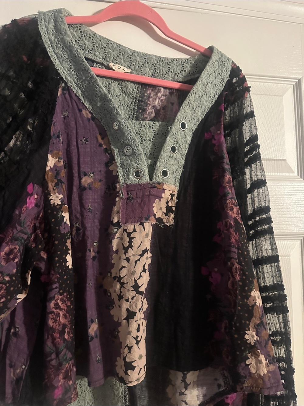 POL Floral Patchwork Boho Top in Black, Purple, Green - Picture 4 of 9